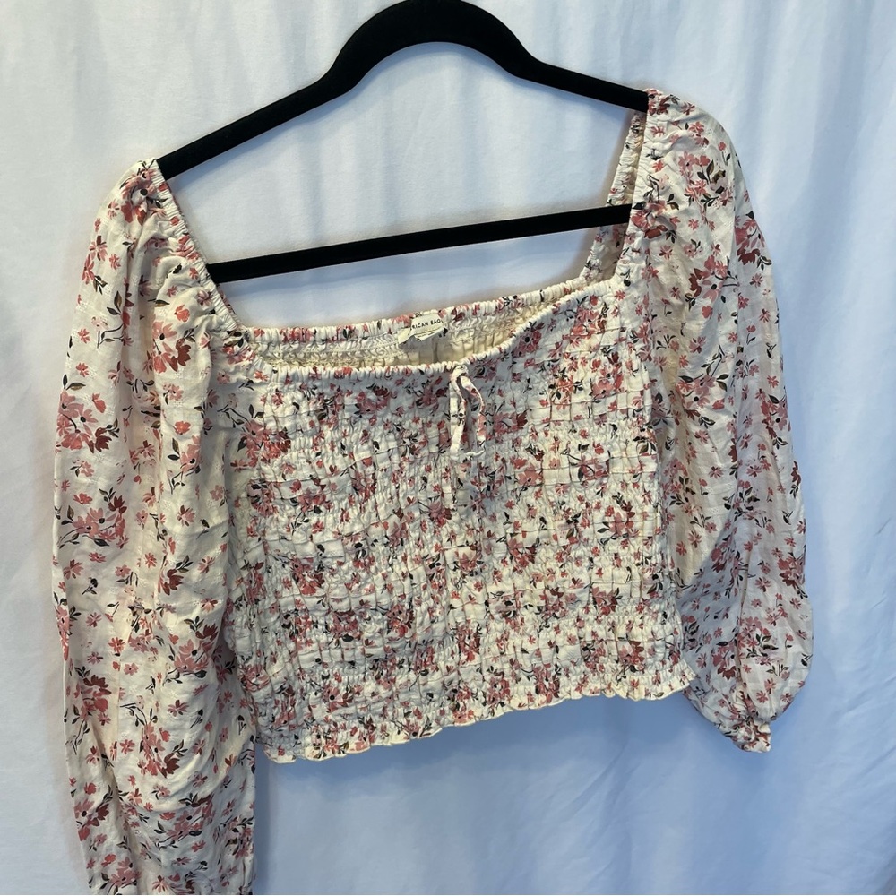 American Eagle Size XL Cropped Pink Beige Floral Long Sleeve Puffy Sleeve Blouse - Picture 3 of 13